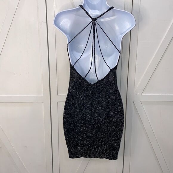 WYLDR Black With Silver Stitch Halter Strap Cross Back Mini Dress Size S/M - Picture 6 of 11